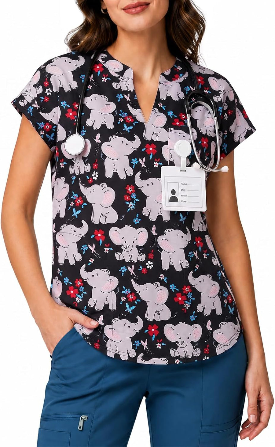 Yousify Scrubs for Women V Neck Printed Scrub Tops - Pink
