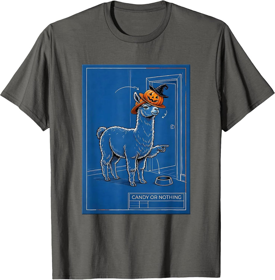 Candy Or Nothing Technical Blueprint Llama Halloween Humor T-Shirt - Asphalt Grey