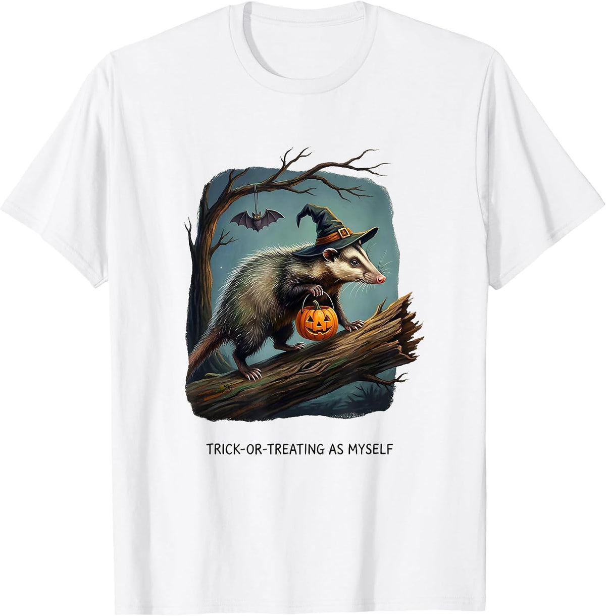 Trick-or-Treating As Myself Whimsical Spooky Opossum T-Shirt - White