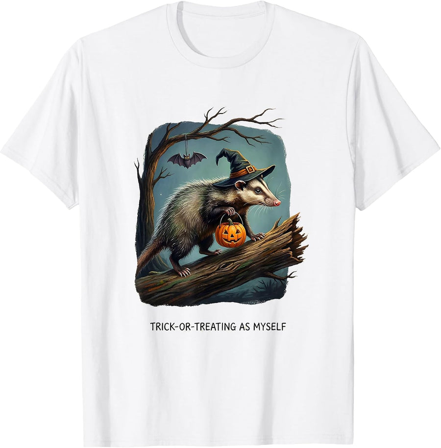 Trick-or-Treating As Myself Whimsical Spooky Opossum T-Shirt - White