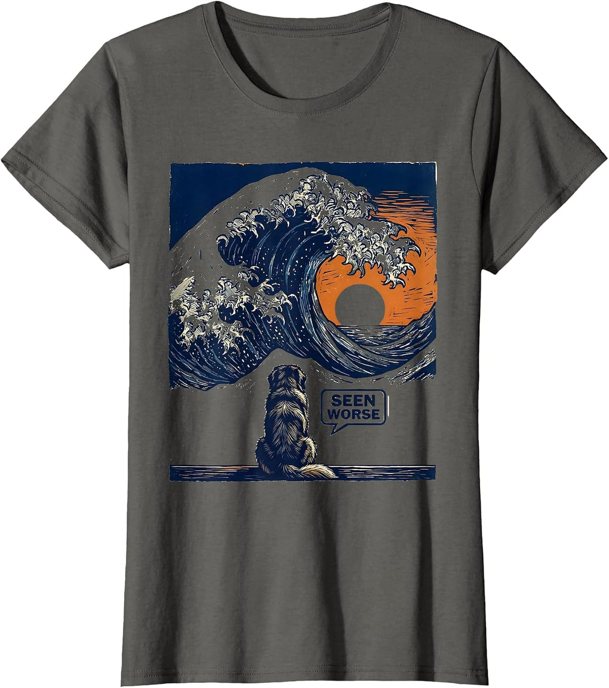 Women's Seen Worse Linocut Great Wave Dog Breed Humor T-Shirt - Asphalt Grey