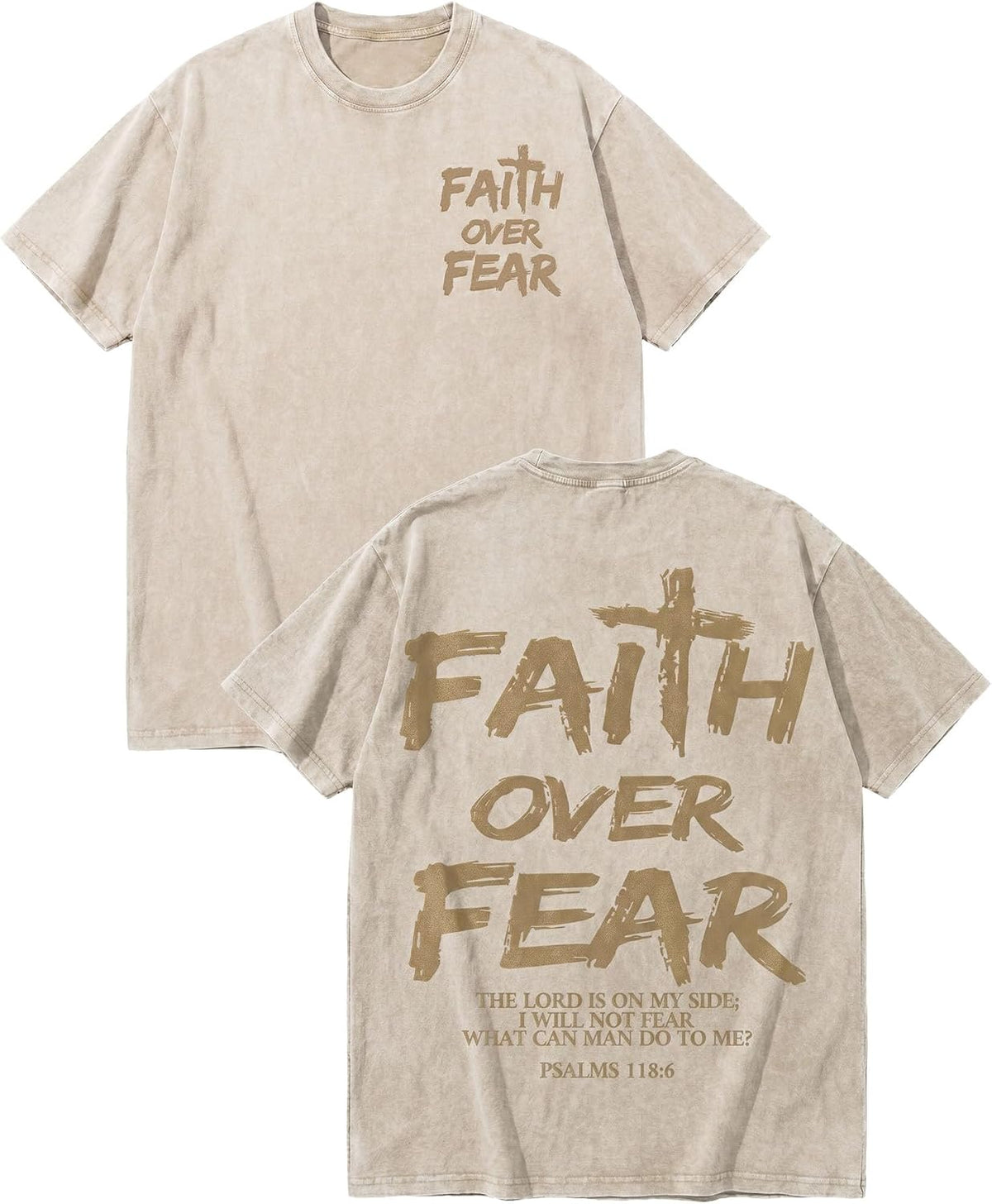 Christian Faith Over Fear Shirt for Men, Jesus Religious Vintage Washed Cotton Graphic Tee with Psalm 118:6 Back Print -