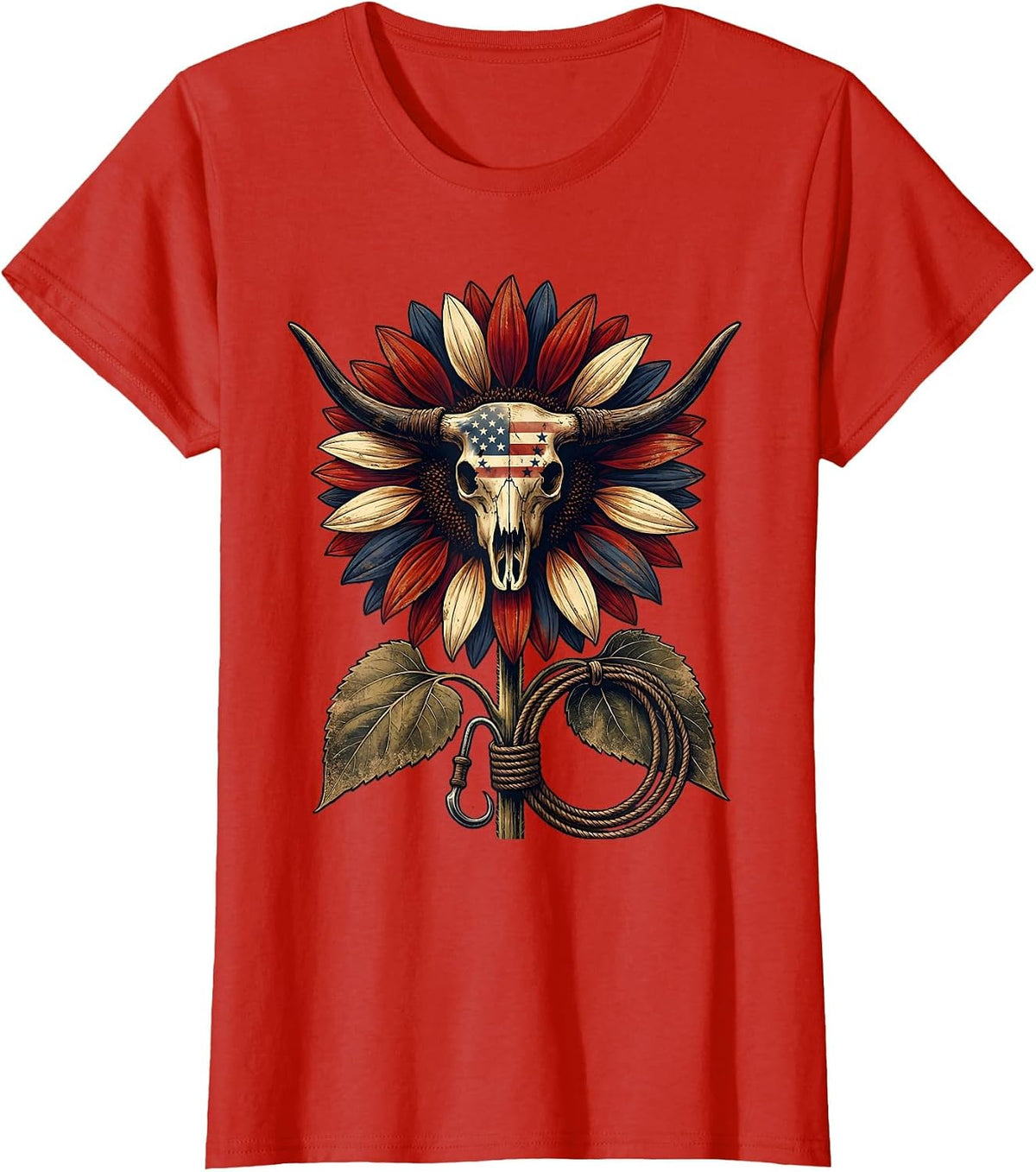 Red White and Blue Sunflower Patriotic Design T-Shirt - Red