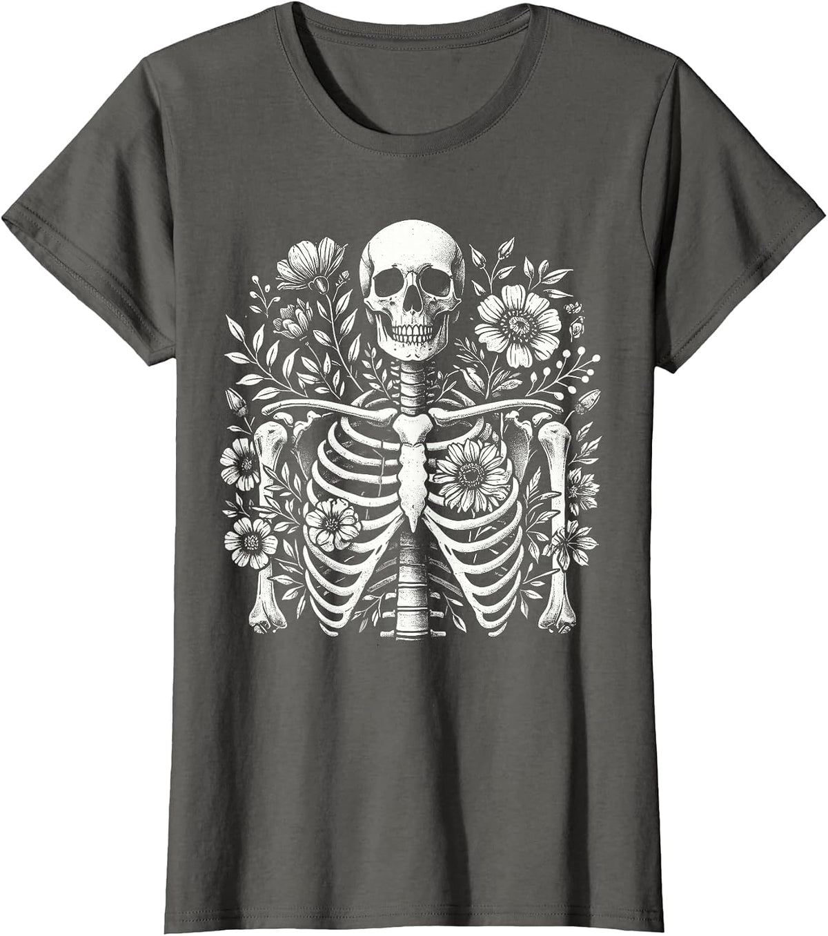 Halloween Floral Skeleton Flowers Goth Aesthetic T-Shirt - Asphalt Grey