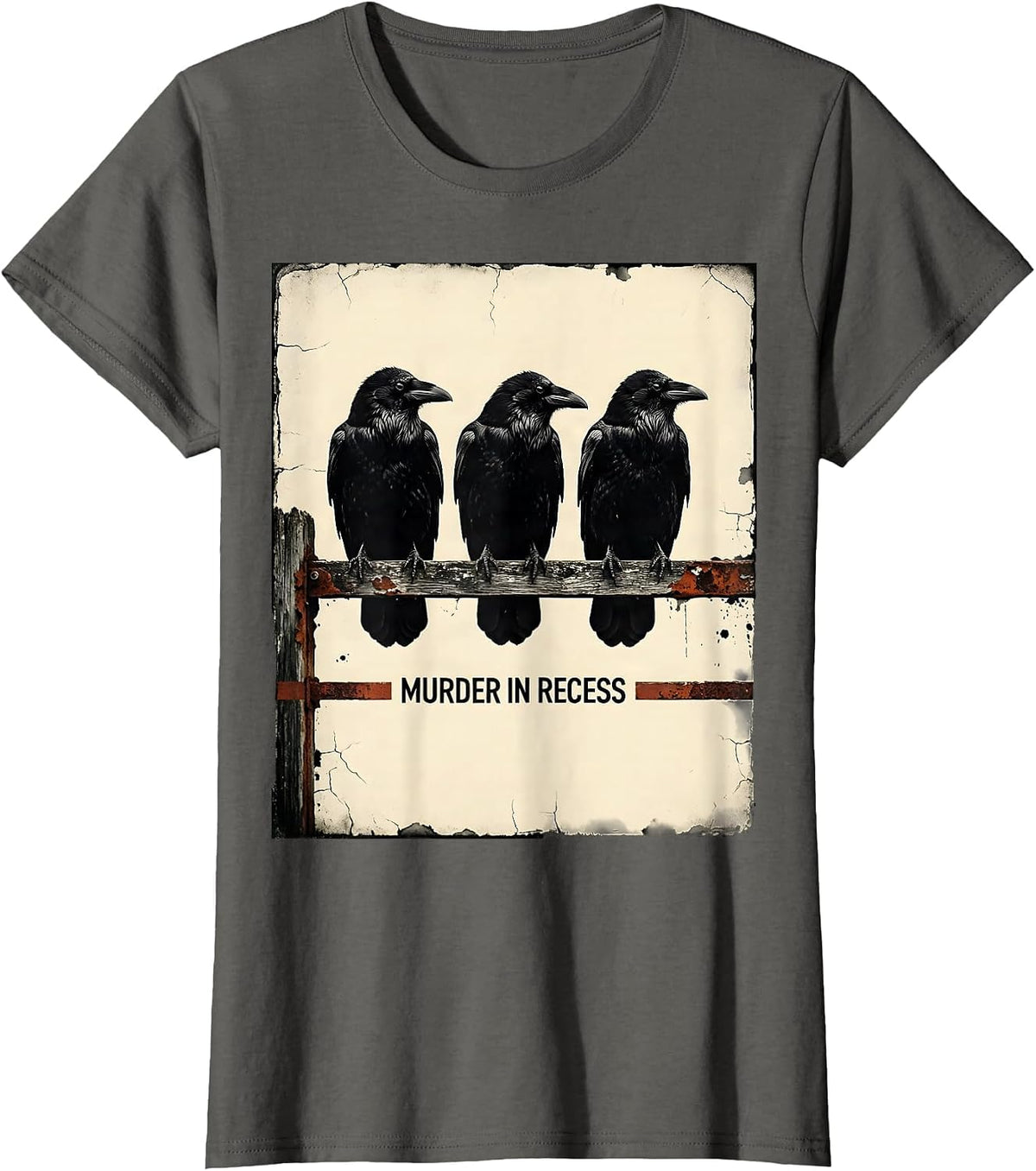 Women's Murder In Recess Distressed Crow Lover Bird Humor T-Shirt - Asphalt Grey
