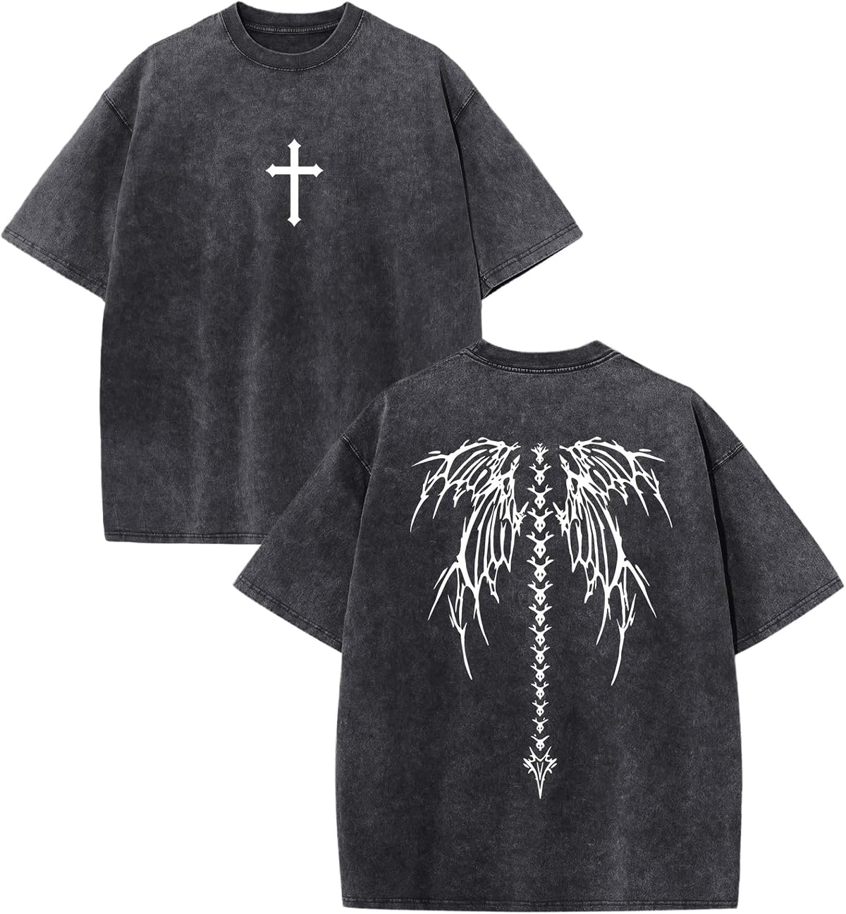 Y2K Gothic Punk Shirt for Men Cross Skull Vintage Graphic Tees Grunge Streetwear Goth Shirts Baggy Acid Wash Tshirt - Black