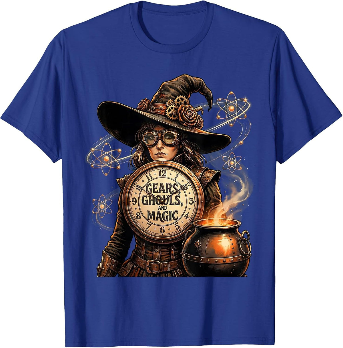 Gears Ghouls and Magic Steampunk Witch Design T-Shirt - Royal Blue