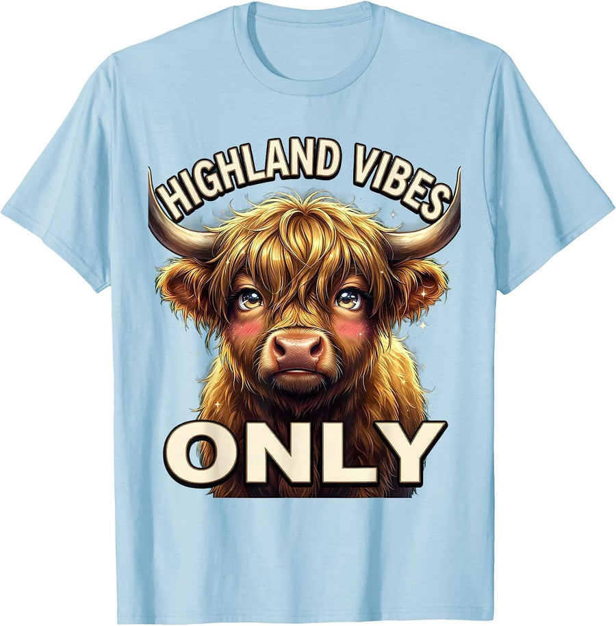 Men's Highland Vibes Only Highland Cow Graphic Design T-Shirt - Baby Blue