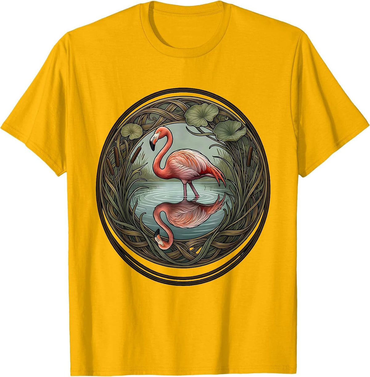 Men's Flamingo Silhouette Lake Reflection Graphic T-Shirt - Golden Yellow