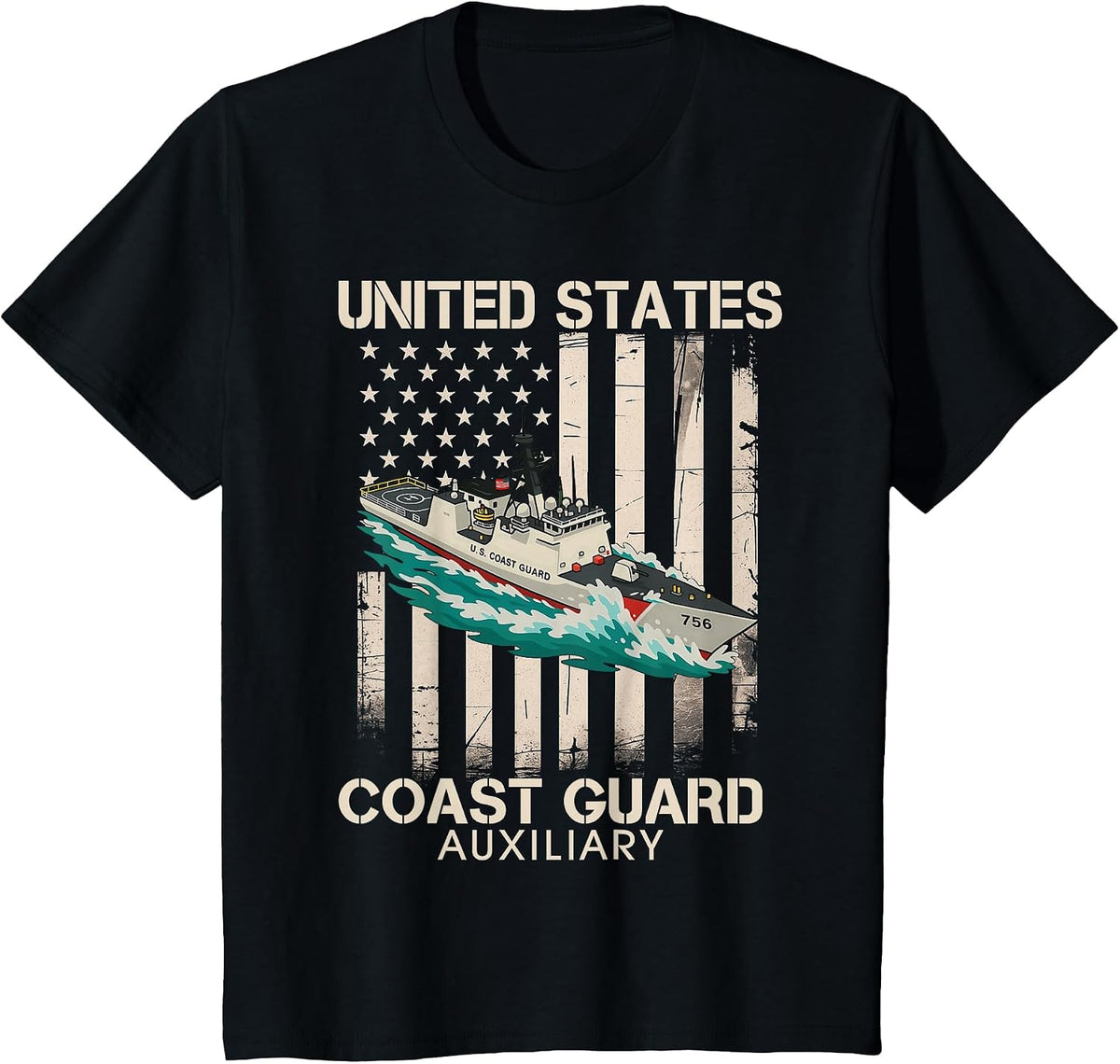 Patriotic US Coast Guard Auxiliary USCG USA Flag Veterans T-Shirt - Black