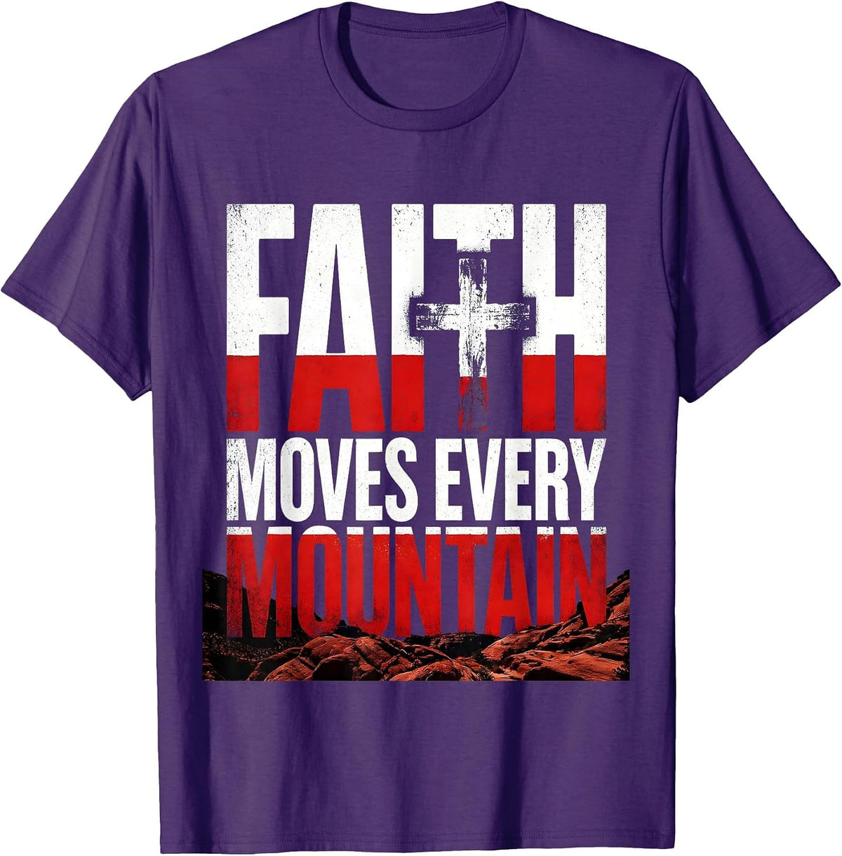 Men's Faith Over Fear Distressed Cross Mountain Design T-Shirt - Purple