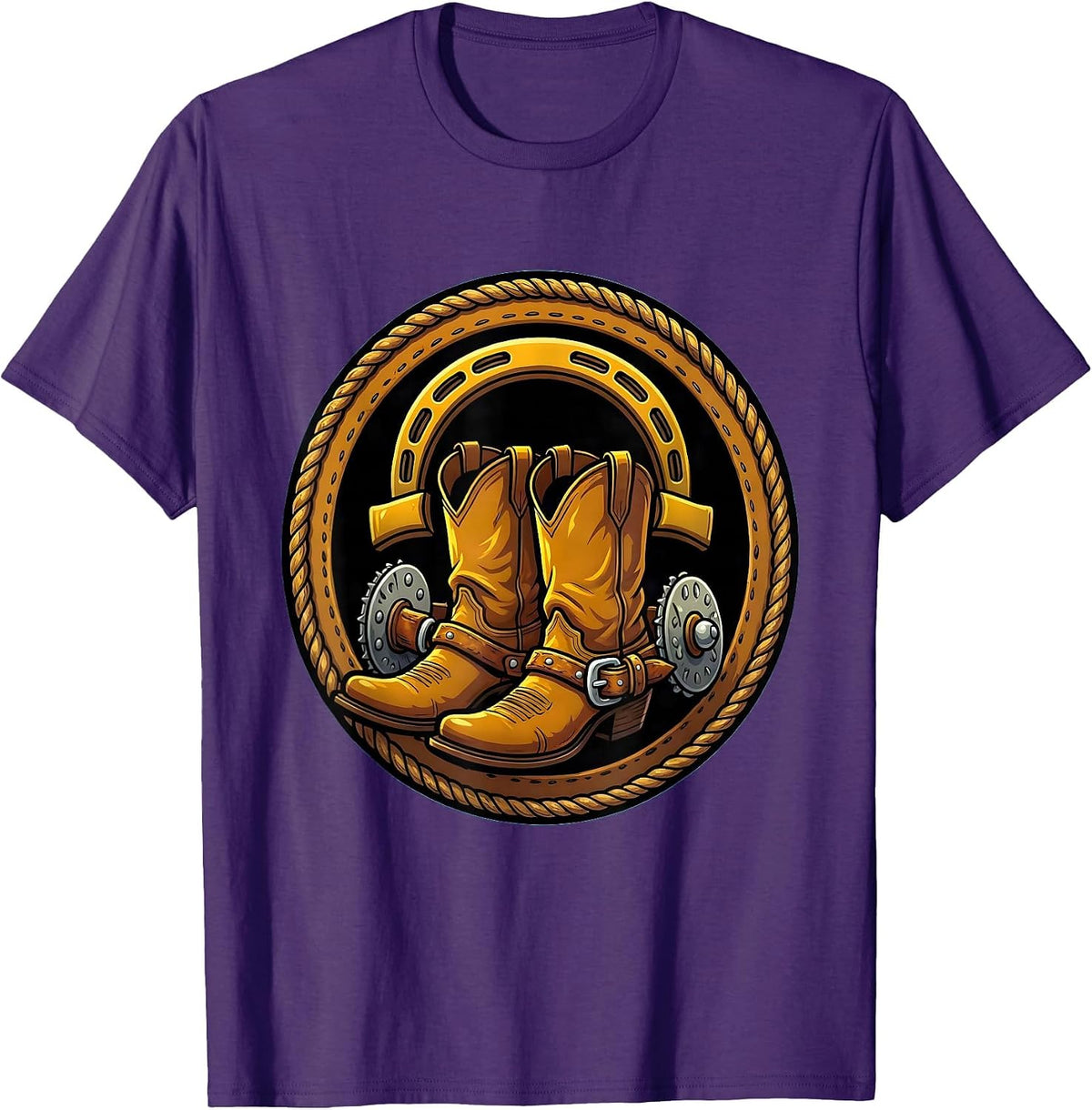 Cowboy Boots Horseshoe and Spurs Western Graphic T-Shirt - Purple