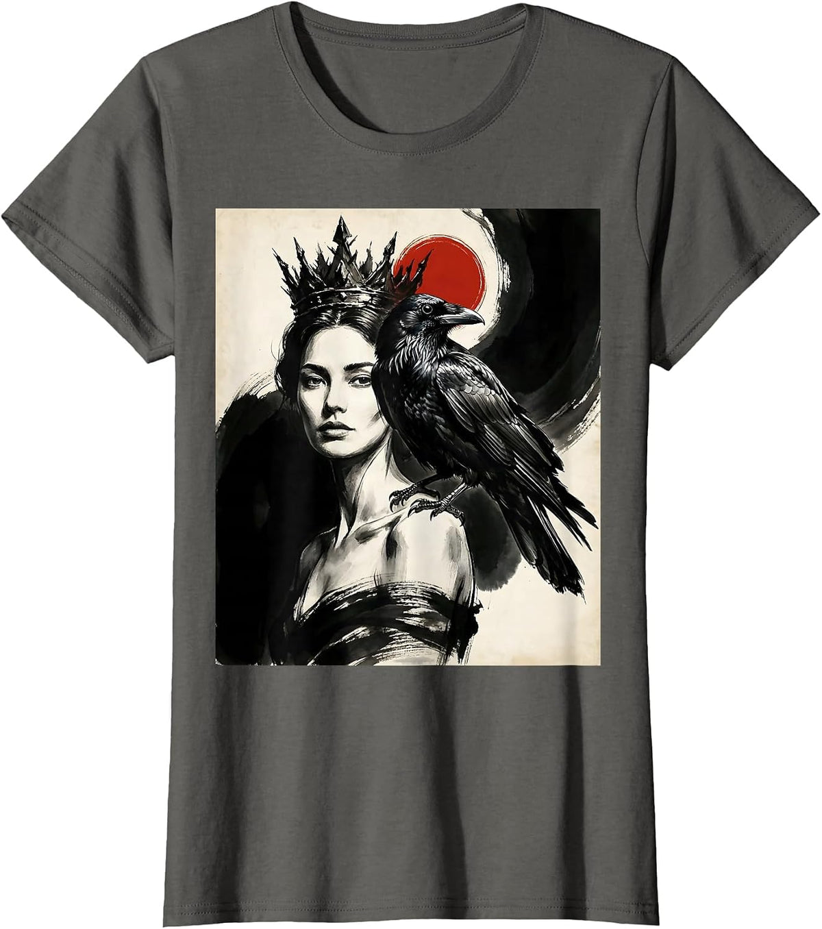 Women's Crowned Woman With Crow On Shoulder Illustration T-Shirt - Asphalt Grey