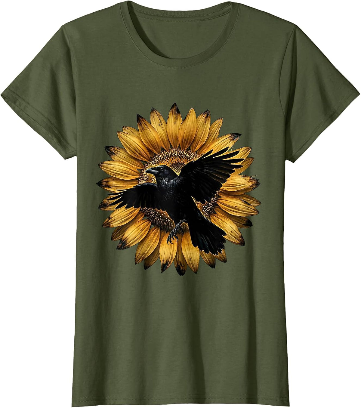 Women's Crow Silhouette Blooming Sunflower Graphic T-Shirt - Olive Green