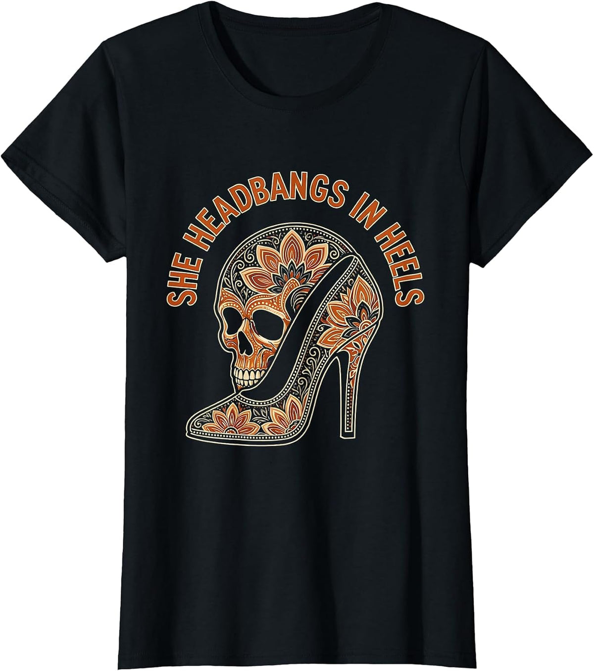She Headbangs In Heels Rock and Roll Design T-Shirt - Black