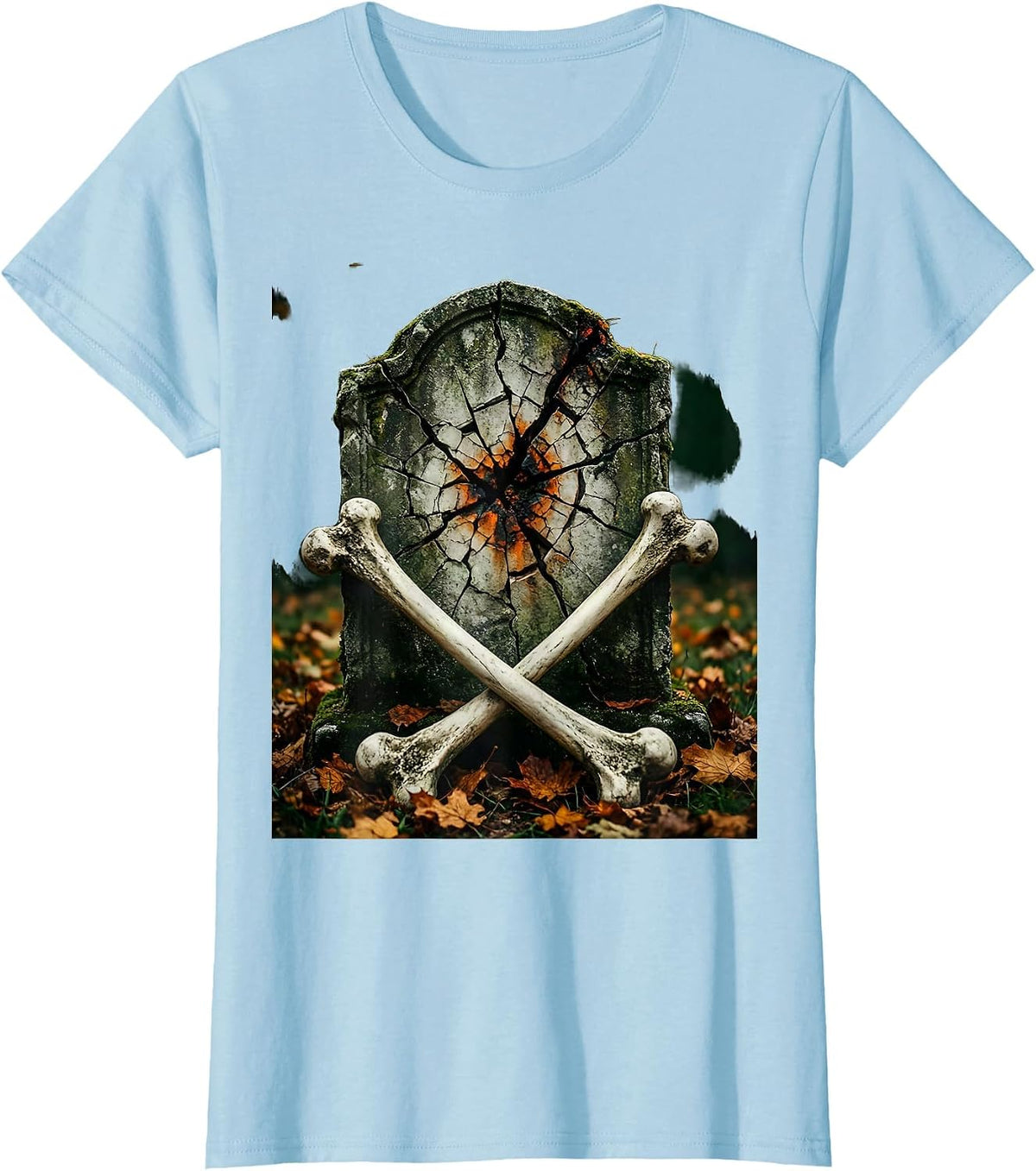 Women's Vintage Halloween Cracked Tombstone Crossed Bones T-Shirt - Baby Blue