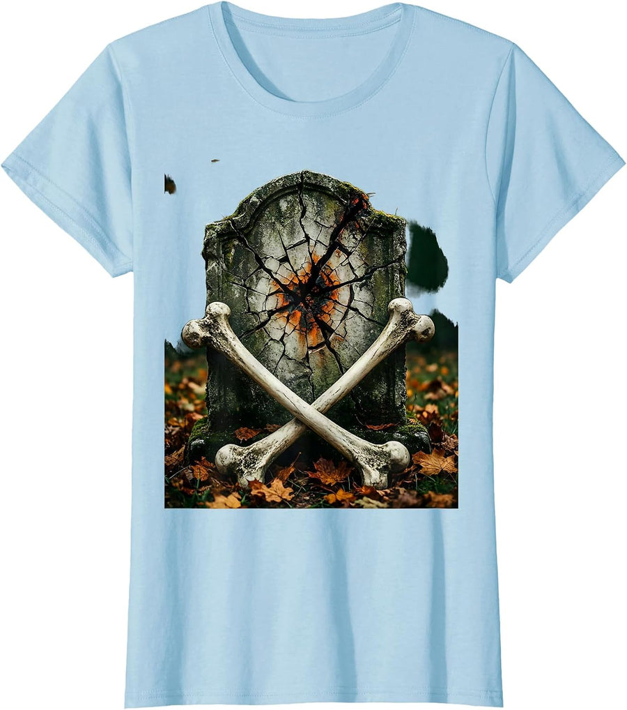 Women's Vintage Halloween Cracked Tombstone Crossed Bones T-Shirt - Baby Blue