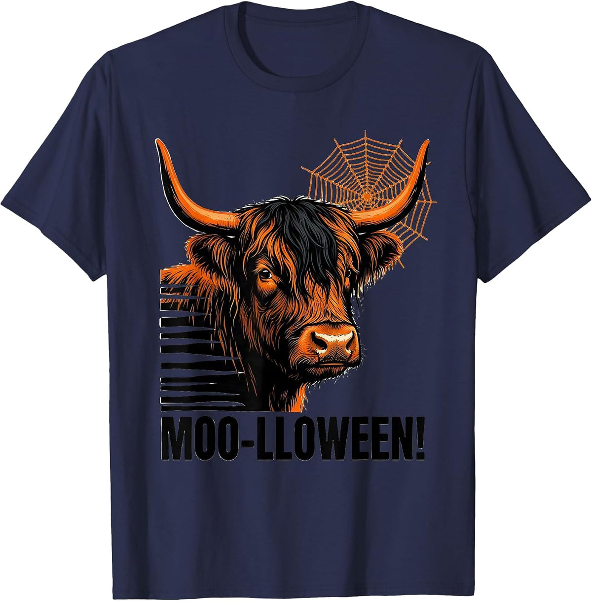 Men's Moo-lloween! Stencil Highland Cow Halloween Funny Costume T-Shirt - Navy Blue