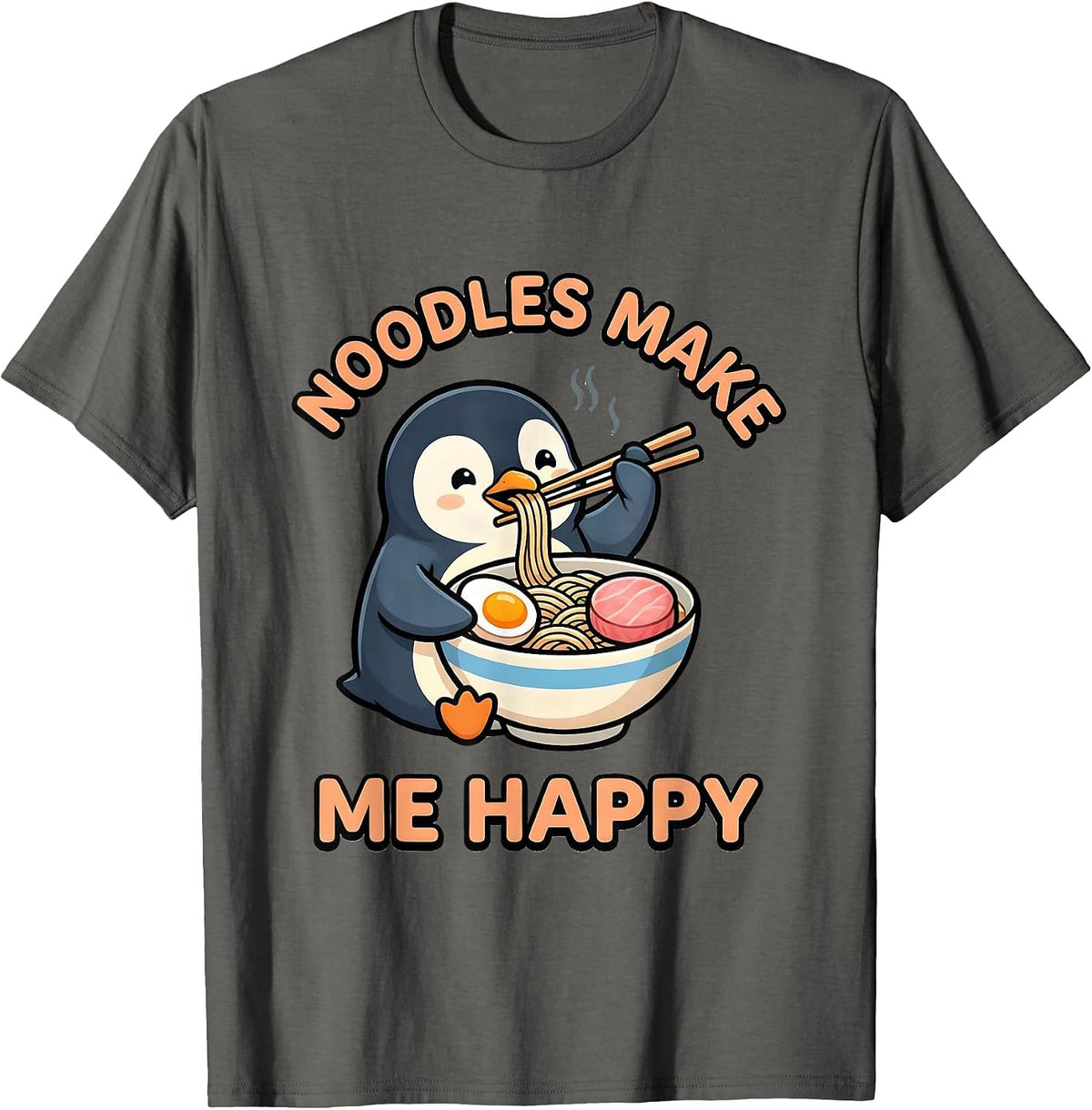 Men's Noodles Make Me Happy Cute Kawaii Penguin Ramen Animal Lover T-Shirt - Asphalt Grey