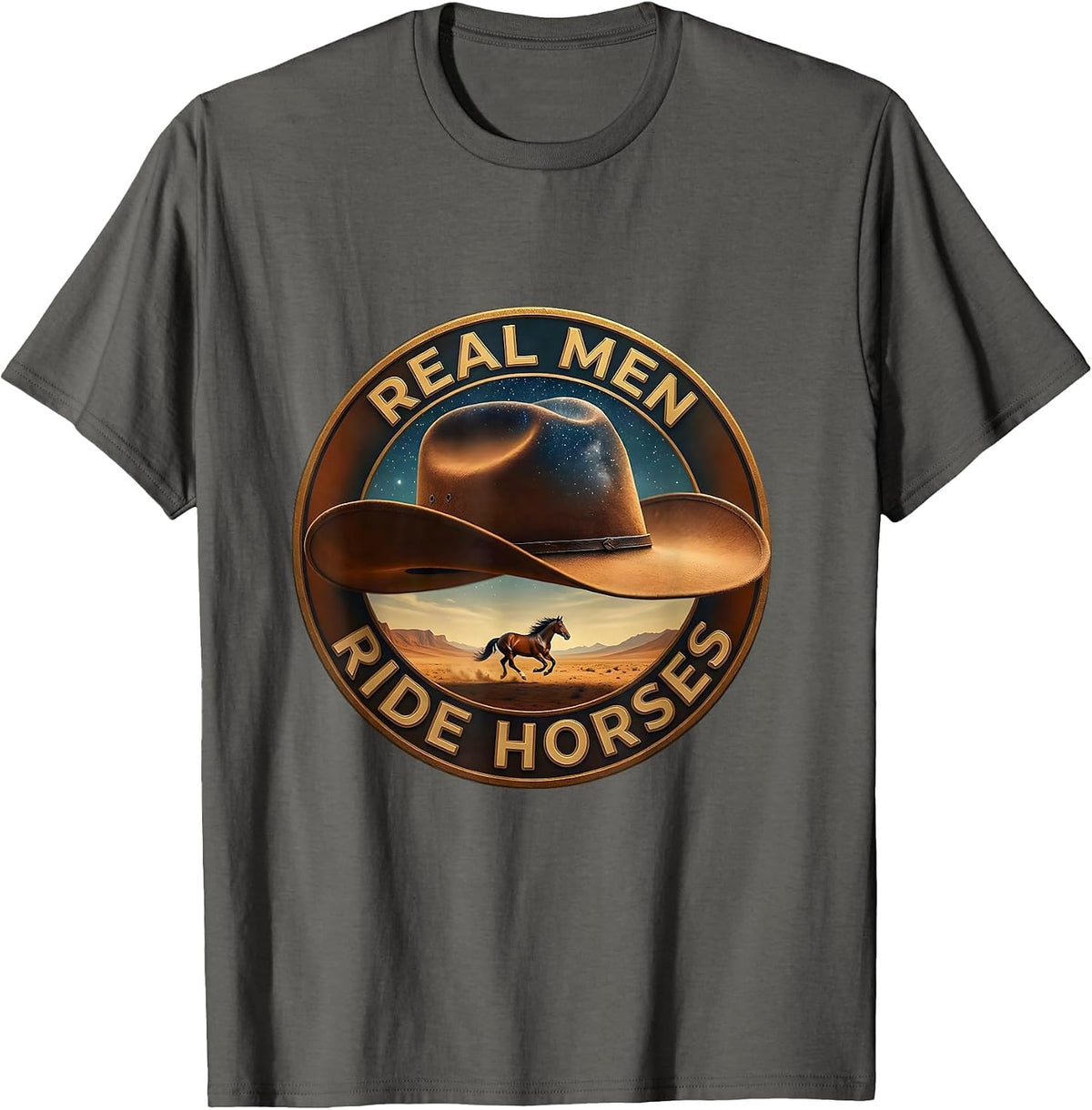 Men's Real Men Ride Horses Cowboy Graphic Design T-Shirt - Asphalt Grey