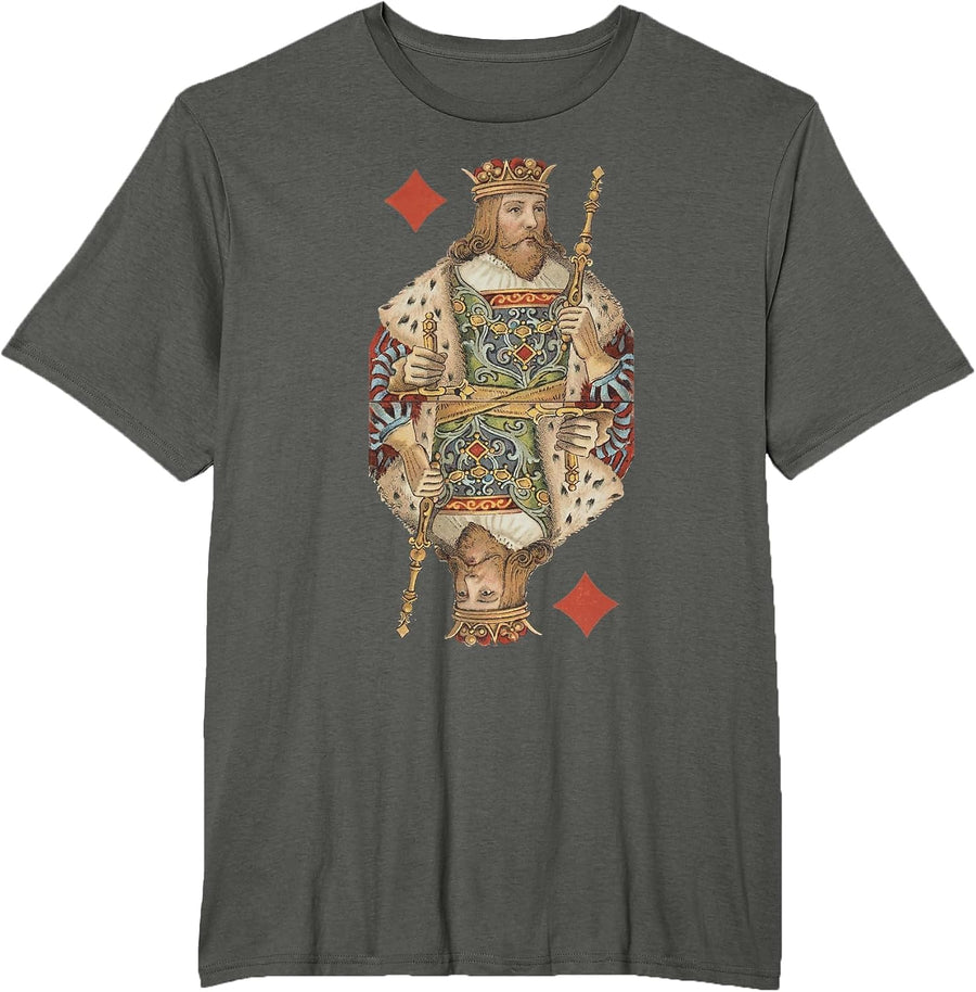 King of Diamonds Antique Art Nouveau Playing Card Art T-Shirt, Men's Big and Tall, Asphalt Grey, 2X Tall - As Pictured
