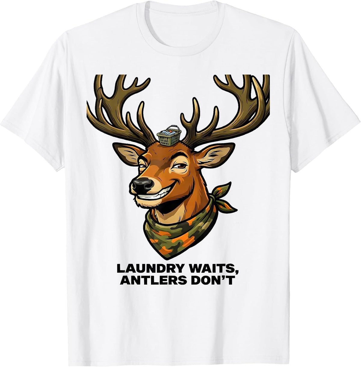 Men's Laundry Waits, Antlers Don't Funny Cartoon Deer Hunting Camo T-Shirt - White