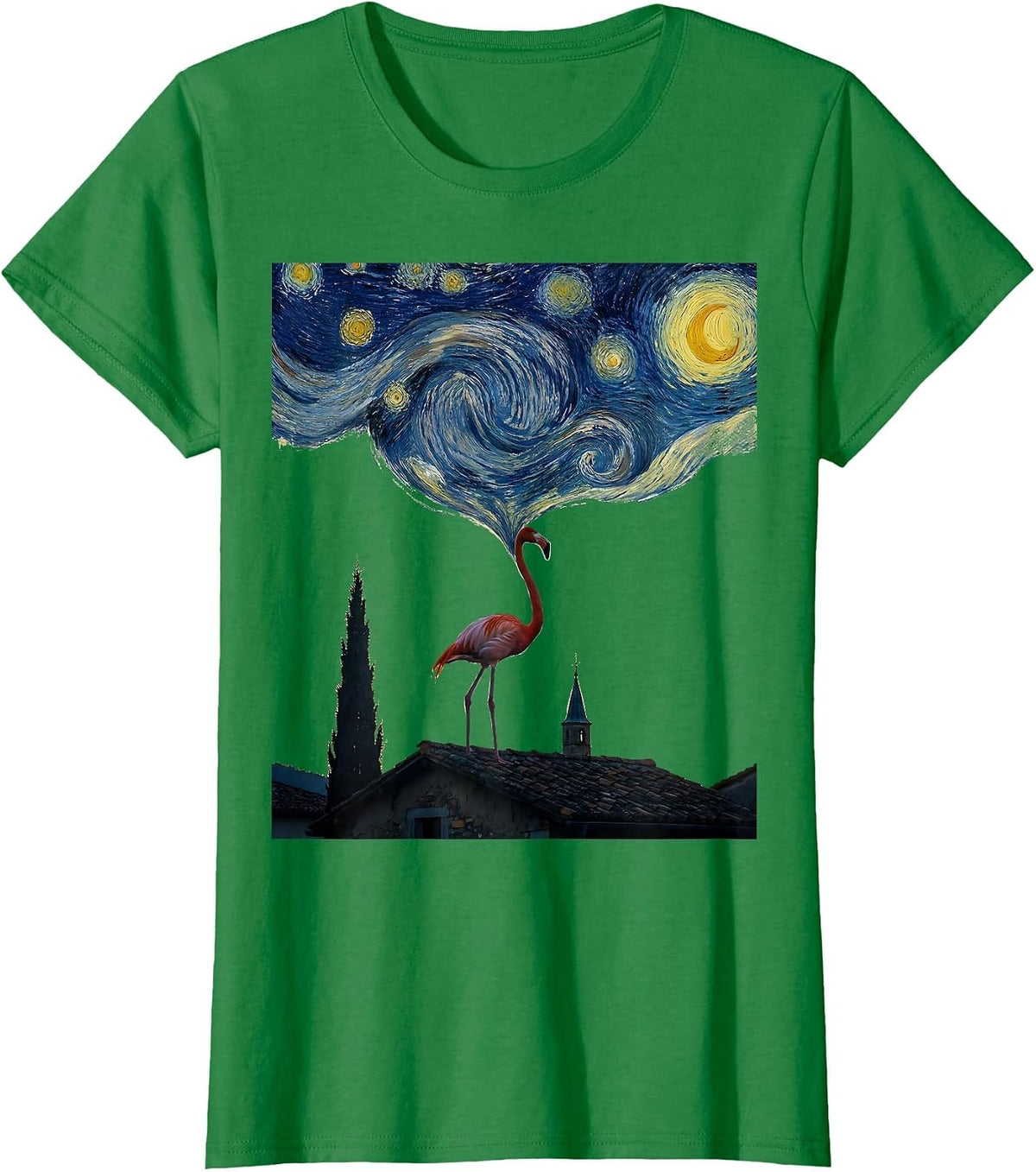 Flamingo Starry Night Minimalist Cat Lover Art Parody T-Shirt - Kelly Green
