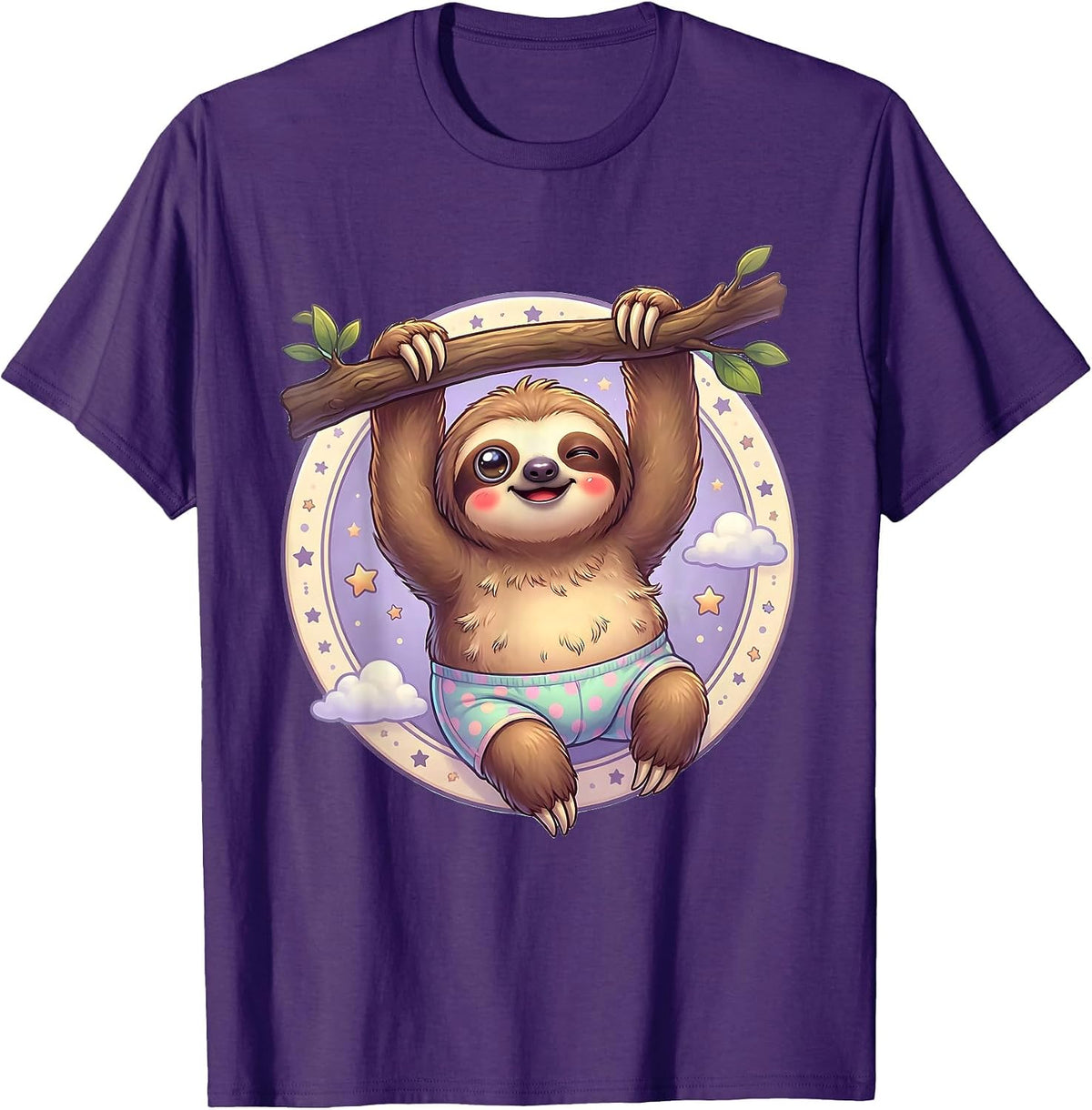 Men's Lazy Sloth Hanging in Underwear Funny Graphic T-Shirt - Purple