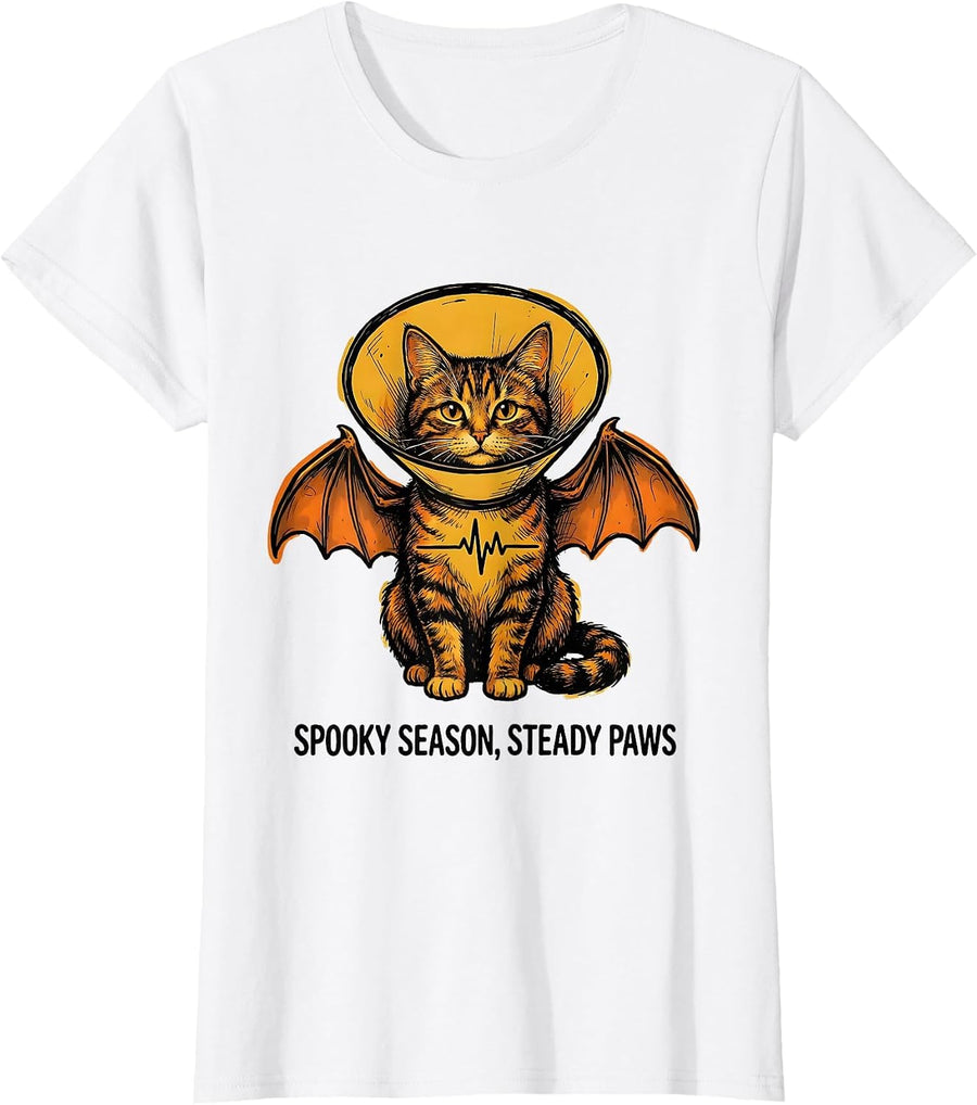 Women's Spooky Season Steady Paws Funny Vet Tech Veterinary T-Shirt - White