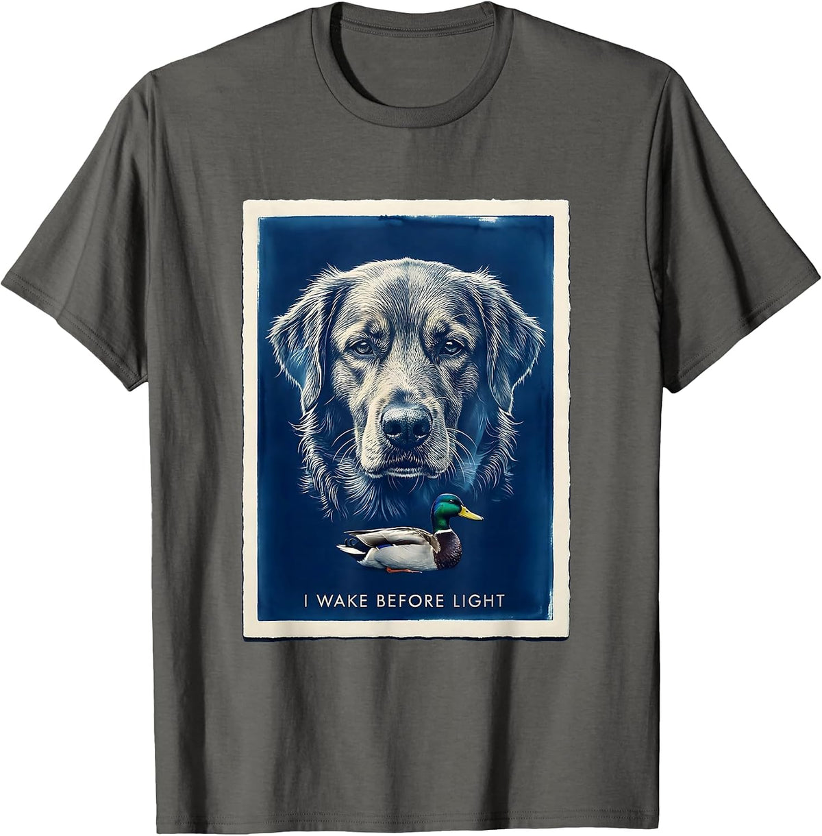 I Wake Before Light Cyanotype Retriever Mallard Hunting T-Shirt - Asphalt Grey