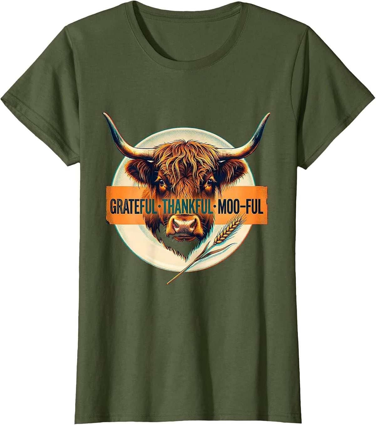 Women's Grateful Thankful Moo-ful Highland Cow Farm Animal T-Shirt - Olive Green
