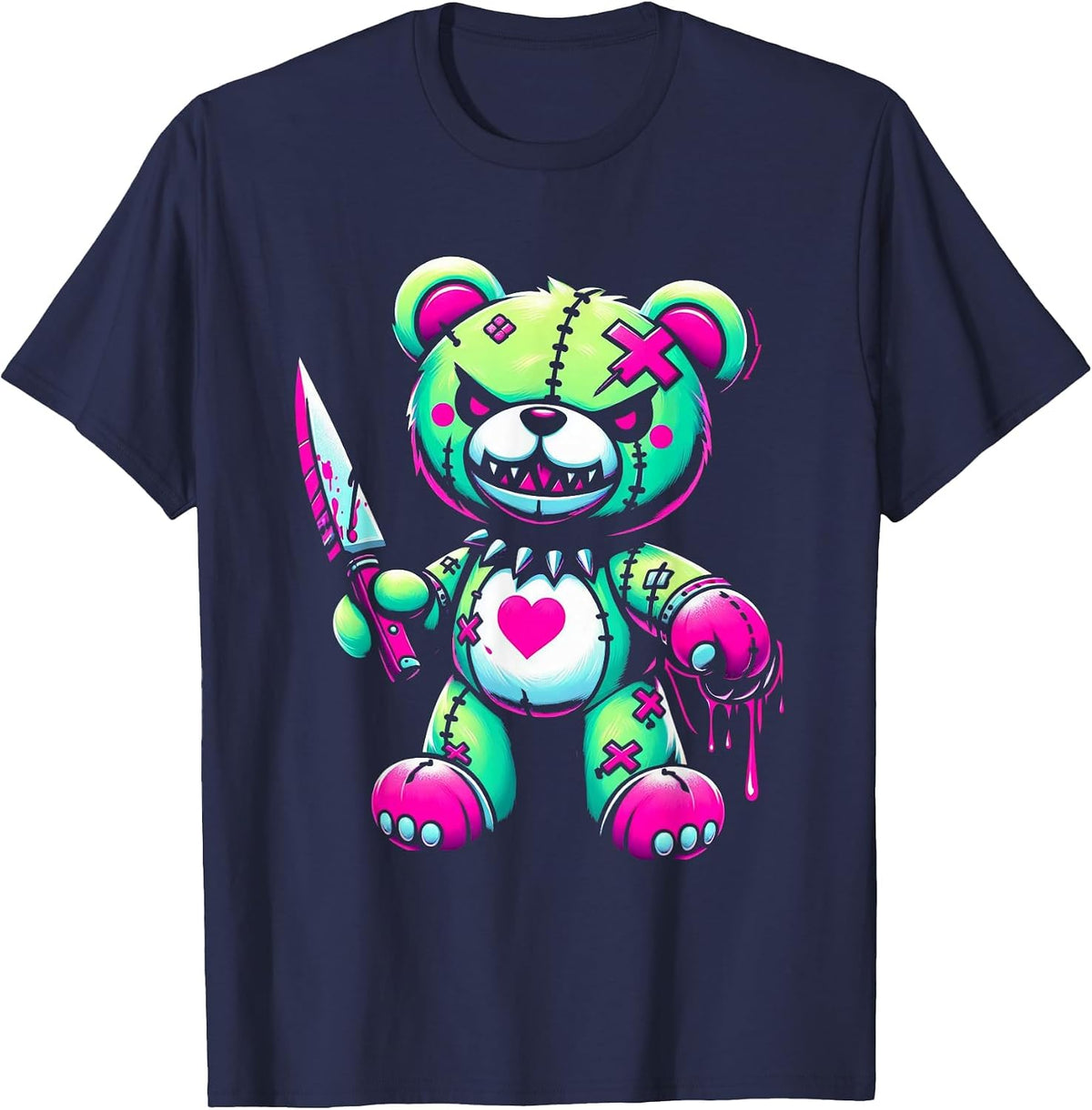 Pastel Goth Teddy Bear Horror Halloween Creepy Scary T-Shirt - Navy Blue