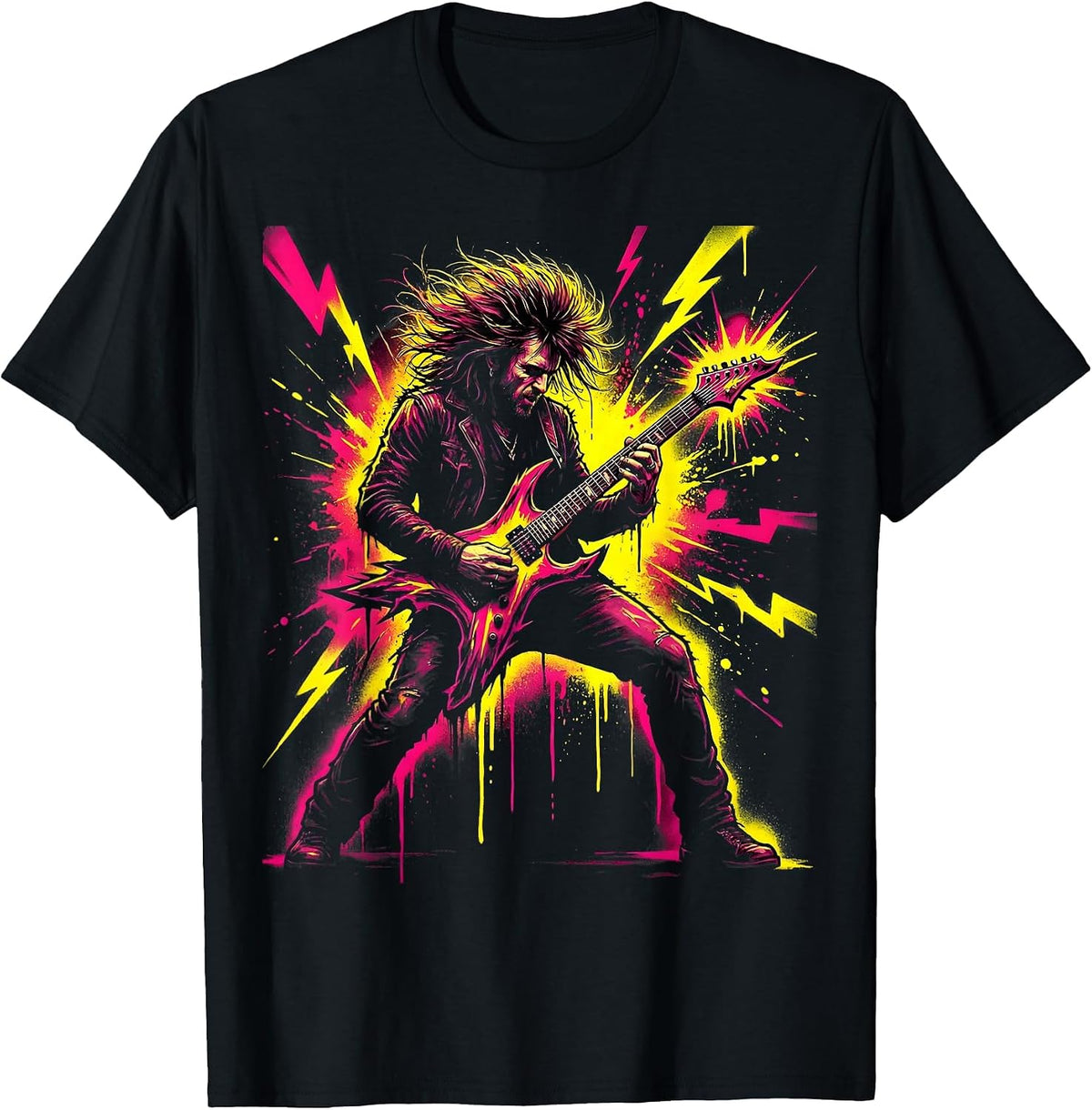 Men's 80s Rock Guitarist Mullet Shredding Electric Guitar T-Shirt - Black