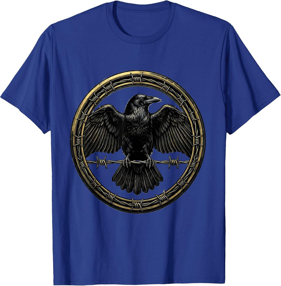 Crow Perched on Barbed Wire Graphic Tee T-Shirt - Royal Blue