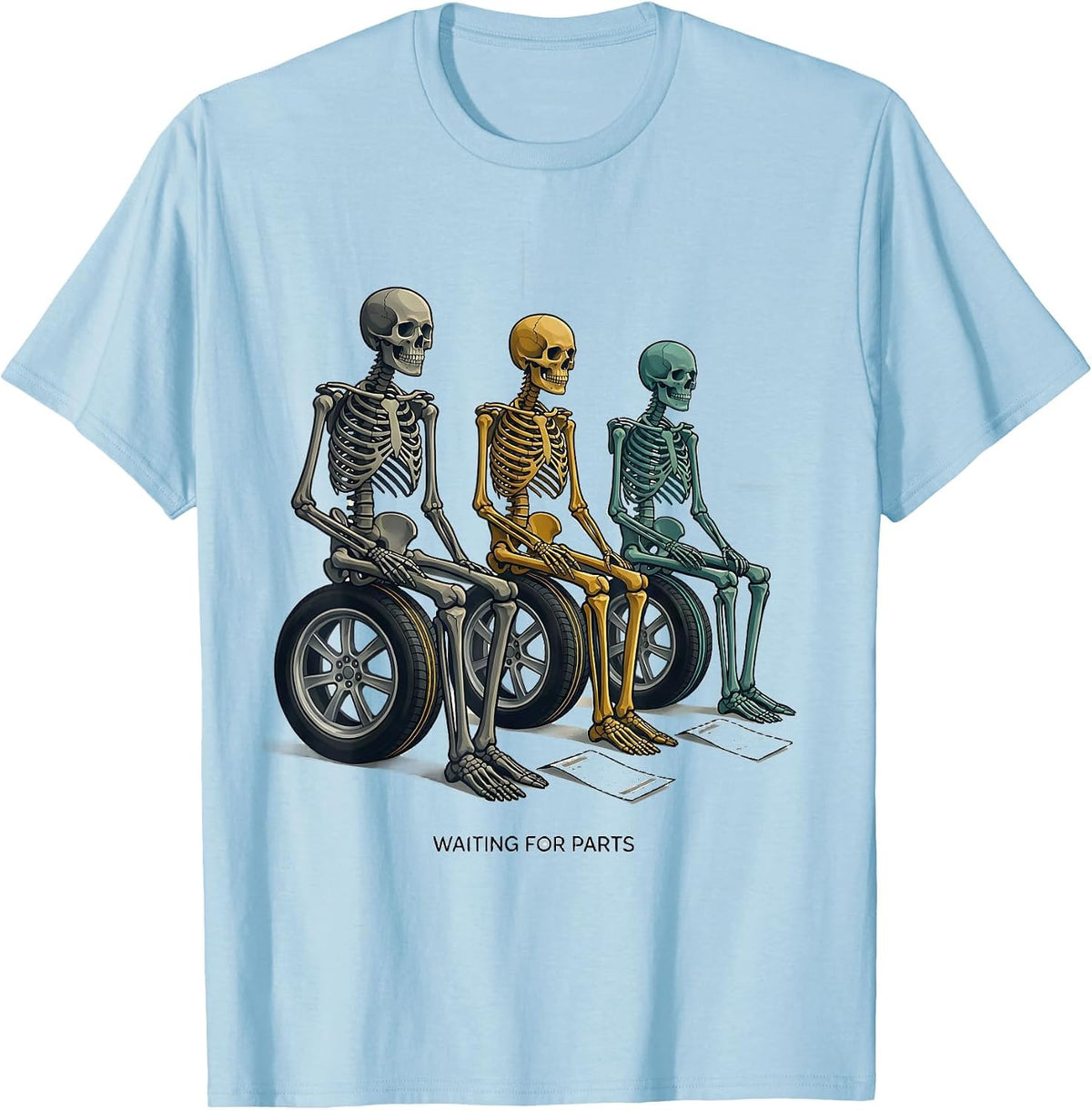 Men's Waiting For Parts Funny Mechanic Skeleton Auto Repair Life T-Shirt - Baby Blue