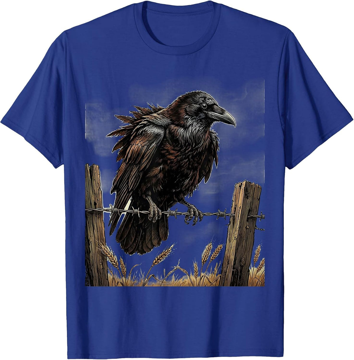 Crow Perched on Barbed Wire Illustration T-Shirt - Royal Blue