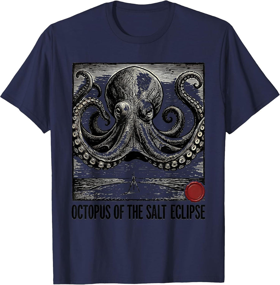 Octopus of the Salt Eclipse Vintage Japanese Ocean Animal T-Shirt - Navy Blue