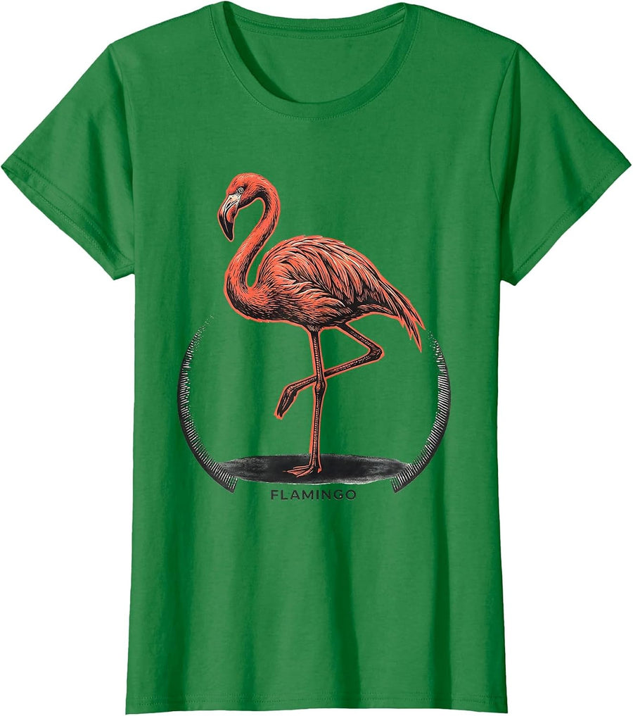 Women's FLAMINGO Minimalist Line Art Animal Badge Patch T-Shirt - Kelly Green