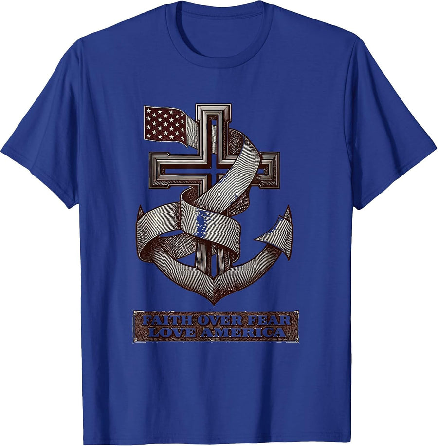 Faith Over Fear Love America Patriotic Christian Cross T-Shirt - Royal Blue