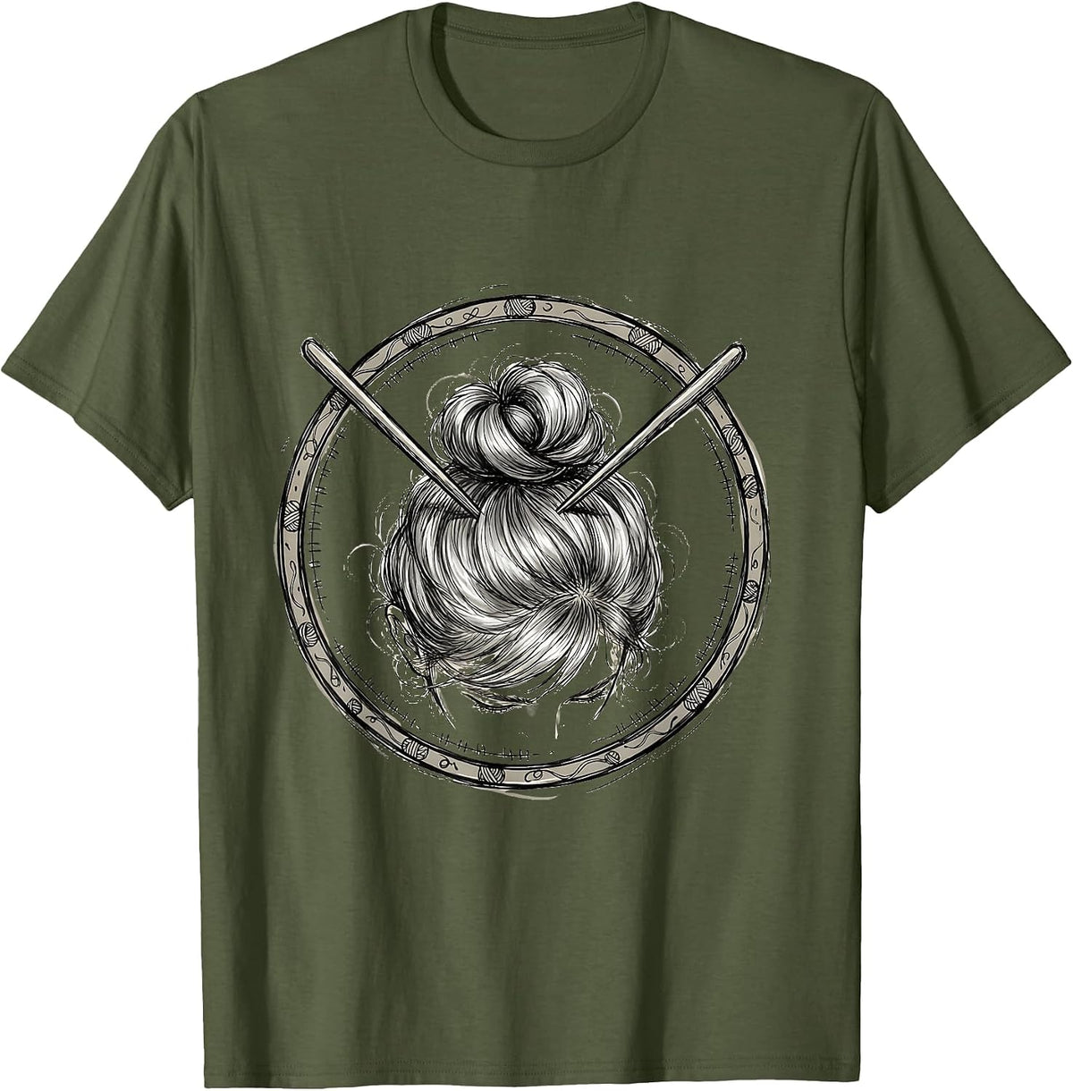 Nana Knitting Silver Bun Illustration T-Shirt - Olive Green