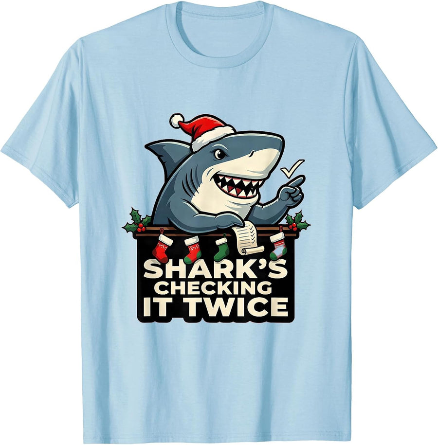 Men's Shark's Checking It Twice Funny Shark Santa Christmas Pun T-Shirt - Baby Blue