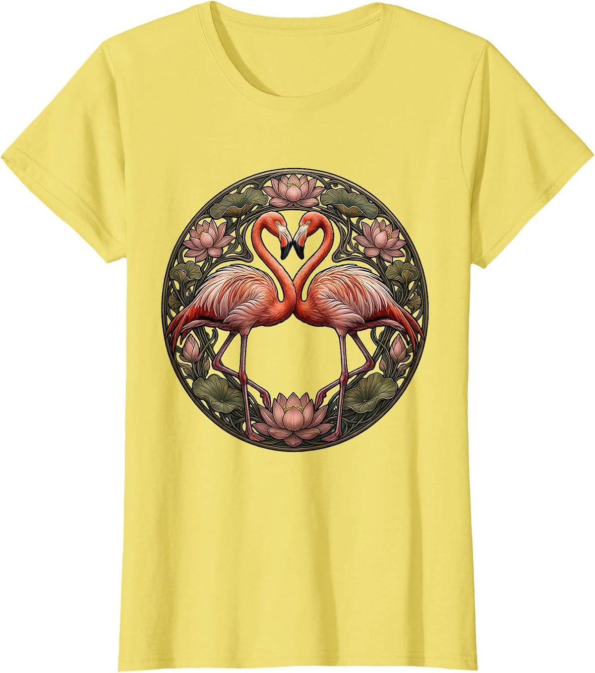 Flamingo Love Heart Romantic Wildlife Illustration T-Shirt - Lemon Yellow