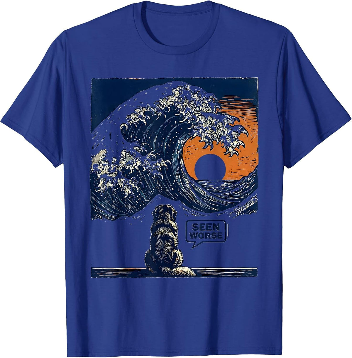 Men's Seen Worse Linocut Great Wave Dog Breed Humor T-Shirt - Royal Blue
