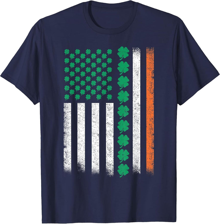 American Flag St Patricks Day Vintage Irish Lucky Shamrock T-Shirt - Navy Blue