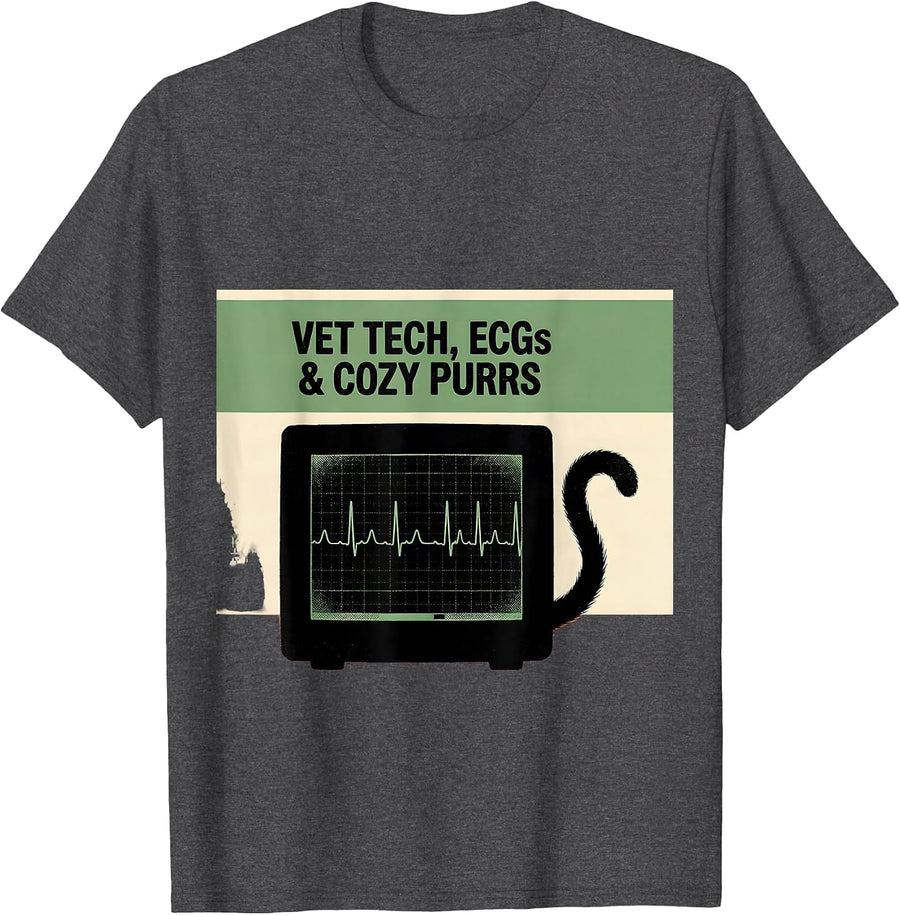 Men's Vet Tech, ECGs & Cozy Purrs Screenprint Poster Veterinary T-Shirt - Dark Heather Grey