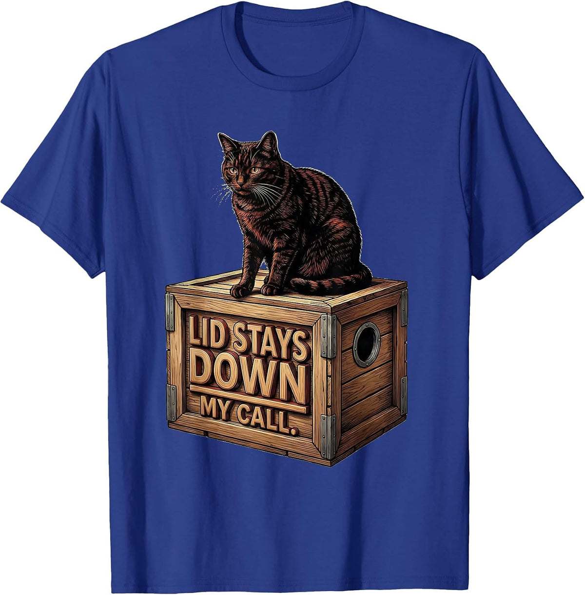 Men's Lid Stays Down My Call Quantum Physics Cat Humor T-Shirt - Royal Blue