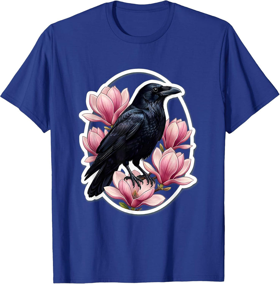 Crow and Magnolia Blossoms Nature Art Design T-Shirt - Royal Blue