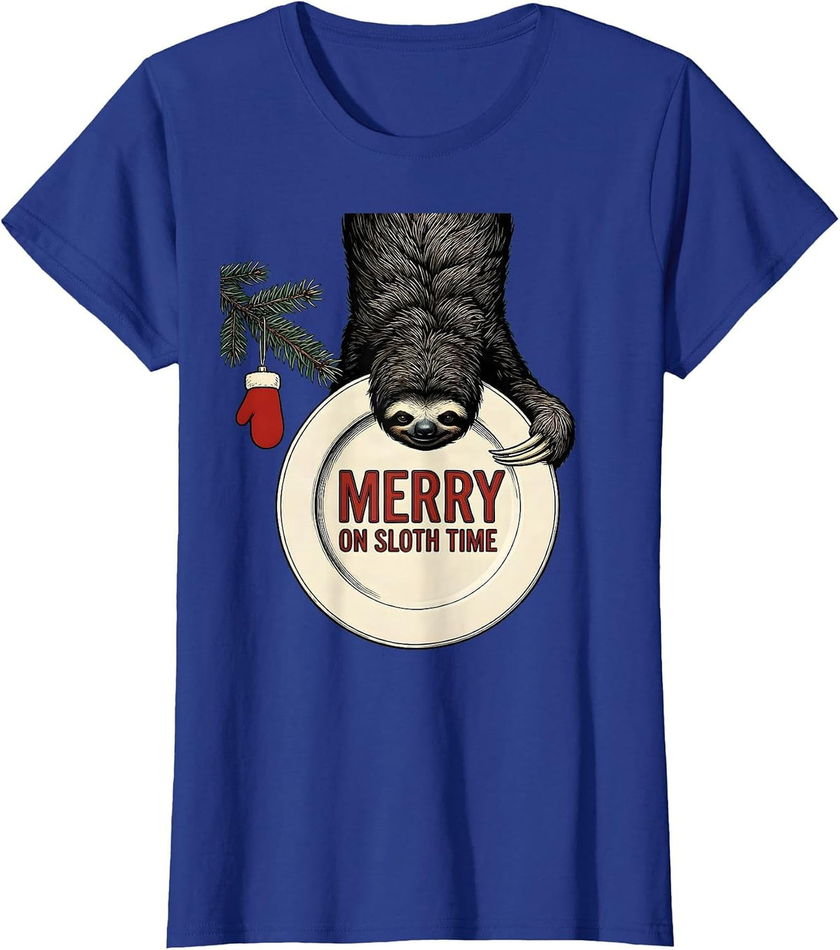 Women's Merry On Sloth Time Funny Sloth Lover Christmas Ugly Sweater T-Shirt - Royal Blue