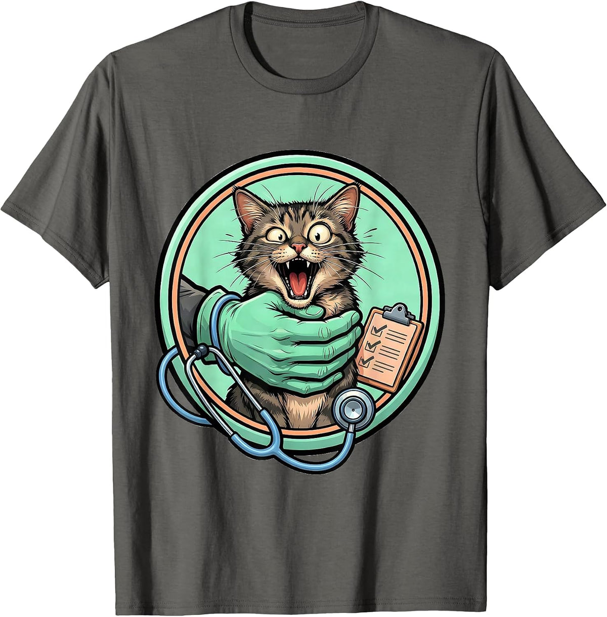 Cartoon Vet Tech Cat Restraint Pet Worker Humor T-Shirt - Asphalt Grey