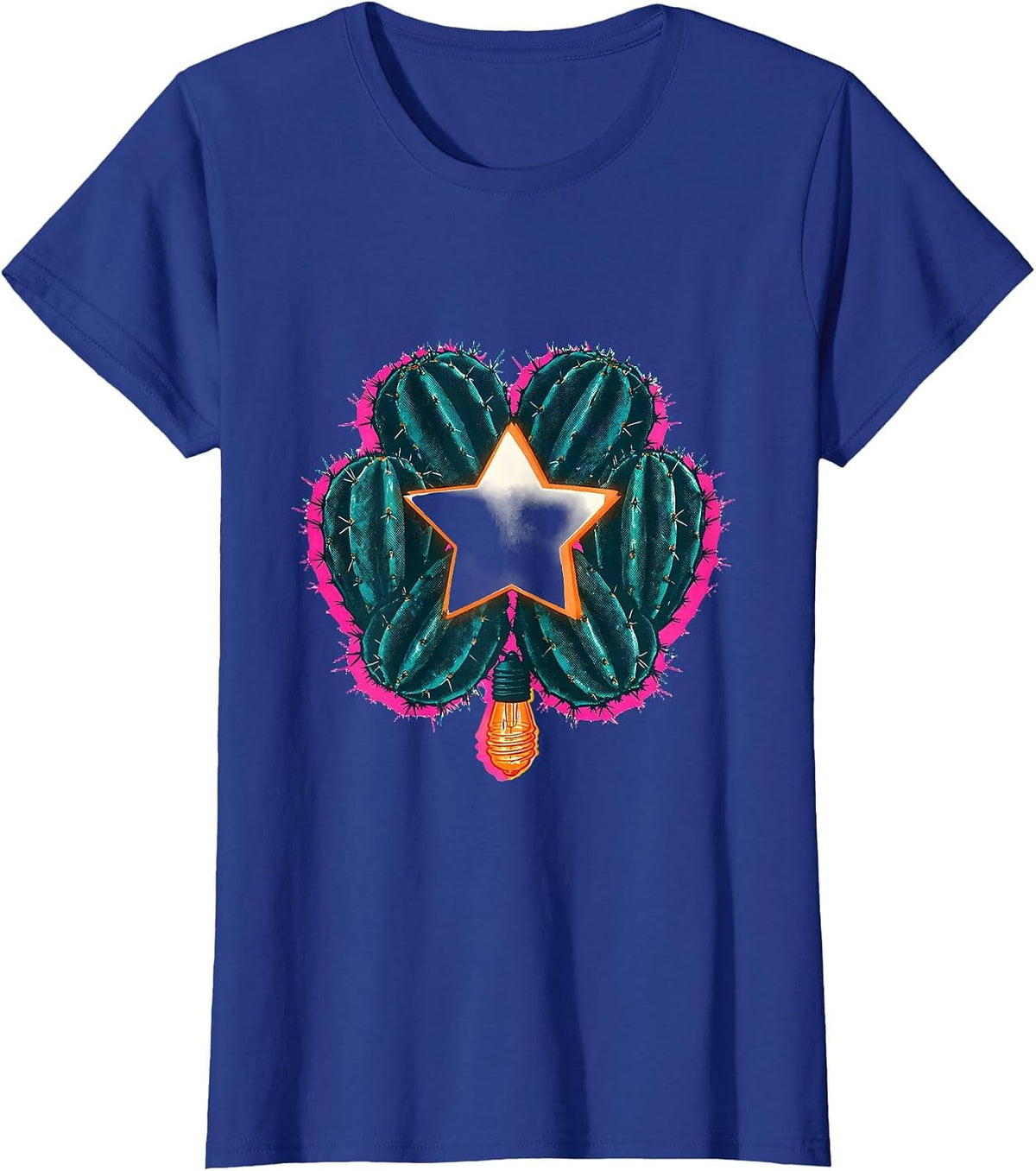 Women's Prickly-Pear Wreath Risograph Flamingo Lover Christmas T-Shirt - Royal Blue